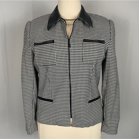 Vintage Jacket Size 14 Black White Houndstooth Full Zip Faux Leather Trim 90s - Picture 1 of 13